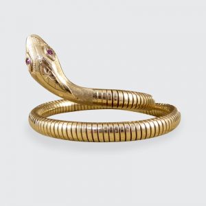 Vintage Snake Gold Bangle Bracelet with Garnet Set Eyes