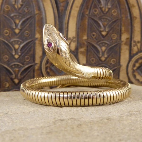 Vintage Snake Gold Bangle Bracelet with Garnet Set Eyes