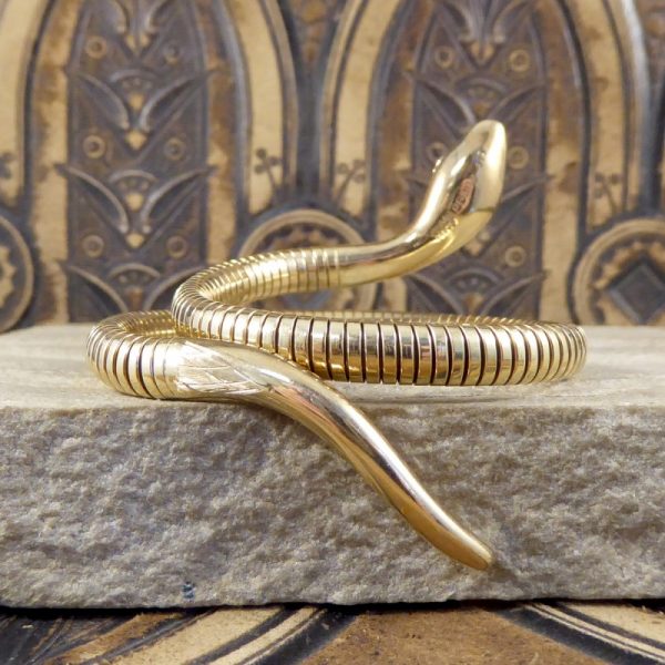 Vintage Snake Gold Bangle Bracelet with Garnet Set Eyes