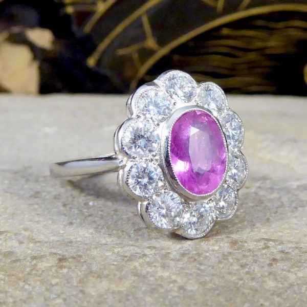 1.40ct Pink Sapphire and Diamond Oval Cluster Platinum Ring