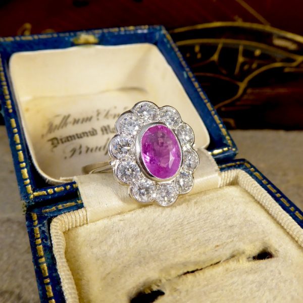 1.40ct Pink Sapphire and Diamond Oval Cluster Platinum Ring