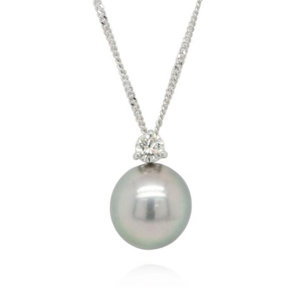 Tahitian Pearl and Diamond Pendant on 18ct White Gold Chain; featuring a large grey Tahitian pearl with 0.15ct claw-set diamond above