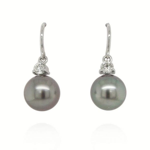 Tahitian Pearl and Diamond Drop Earrings; featuring grey Tahitian pearls suspended from 0.26cts diamonds, in 18ct white gold with shepherd's hook fittings