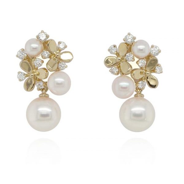 Pearl, Diamond and 18ct Yellow Gold Floral Drop Earrings; beautiful pair of 18ct gold abstract style floral earrings set with 0.27cts diamonds and cultured pearls