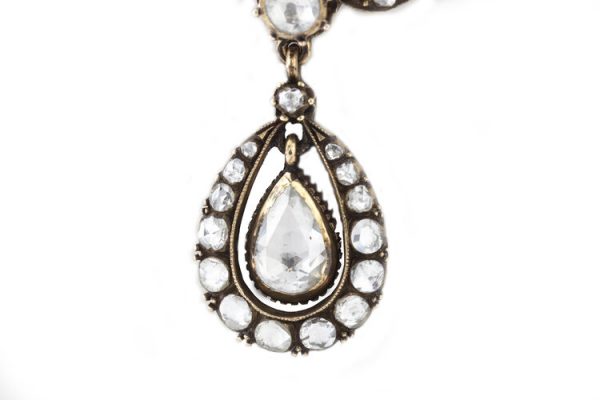Antique Victorian Diamond Pendant Necklace, featuring rose-cut and round cut diamond panel suspending a pear cut diamond cluster drop, 5.82 carat total, mounted in 15ct yellow gold. Made in England, Circa 1850