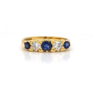 Vintage Sapphire Diamond Five Stone Ring, in 18ct yellow gold carved setting crafted from Victorian inspiration, Diamonds 0.35 carat total