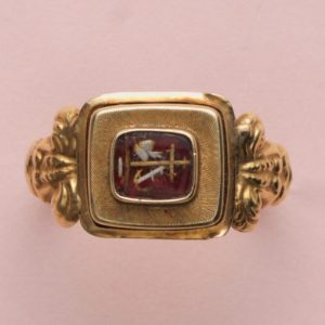Antique Victorian Hope, Love and Charity Gold Ring; 14ct yellow gold ring with reverse glass painting of the symbols hope, love and charity, floral decorations to shoulders and ribbed shank. Dutch, 19th century