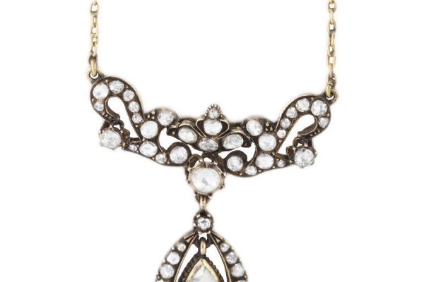Antique Victorian Diamond Pendant Necklace, featuring rose-cut and round cut diamond panel suspending a pear cut diamond cluster drop, 5.82 carat total, mounted in 15ct yellow gold, Circa 1850
