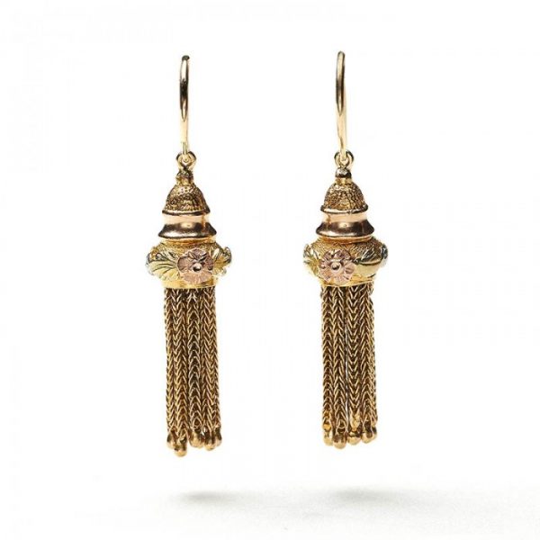 Antique Georgian Tri Colour Gold Tassel Drop Earrings; with pink gold flowers and green gold leaves, embossed on a textured background, with tassels formed from loop in loop chains. Circa 1820