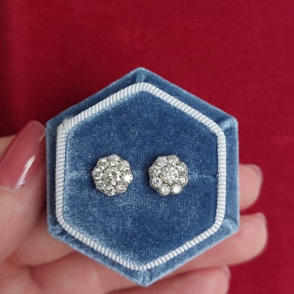 Vintage 1.20ct Old Cut Diamond Floral Cluster Stud Earrings