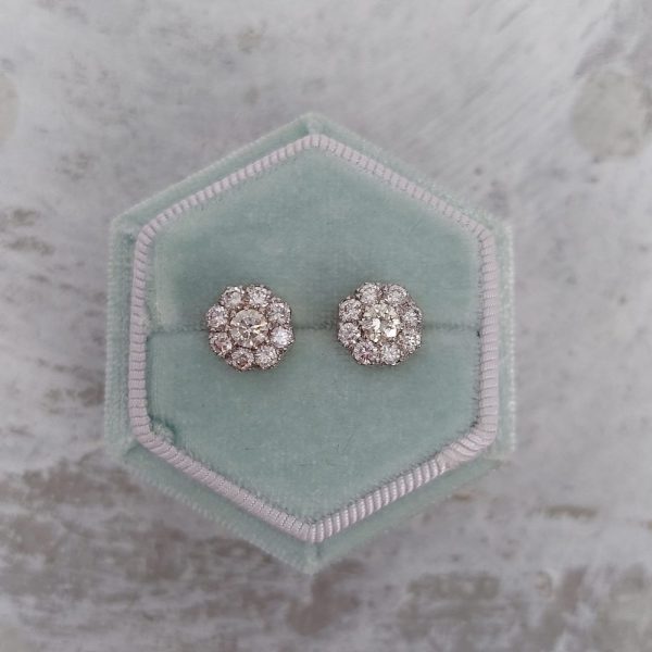 Vintage 1.20ct Old Cut Diamond Flower Cluster Stud Earrings