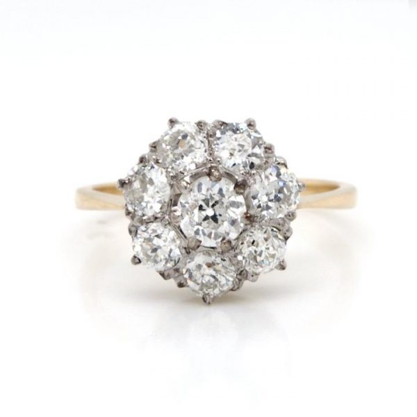 Antique Old Cut Diamond Cluster Ring; set with 1.40cts old cut diamonds, colour H/I, clarity VS, in 18ct yellow gold