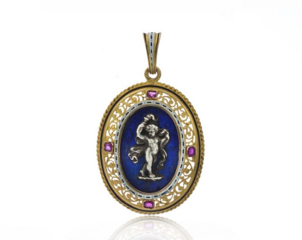 Antique Italian 18ct Yellow Gold Pendant in the style of Castellani; featuring a silver cherub on lapis lazuli, in 18ct pierced surround accented with rubies, Circa 1850-1870s
