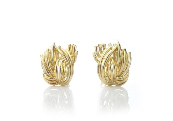 Tiffany and Co Vintage 18ct Yellow Gold Clip On Earrings; Tiffany & Co 18ct earrings in an abstract feathered design, in original box
