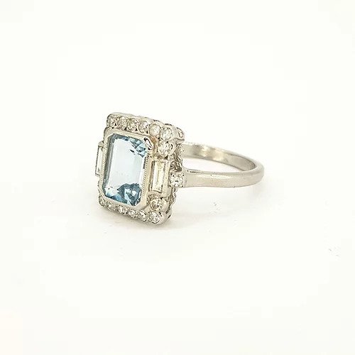 Emerald Cut Aquamarine and Diamond Cluster Ring in 18ct White Gold