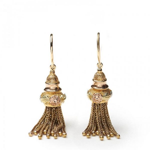 Antique Georgian Tri Colour Gold Tassel Drop Earrings; with pink gold flowers and green gold leaves, embossed on a textured background, with tassels formed from loop in loop chains. Circa 1820
