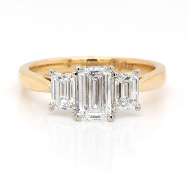 Emerald Cut Diamond Three Stone Engagement Ring, 1.38 carat total, E colour, VS1 clarity, with GIA certificate, diamond colour E, clarity VS1