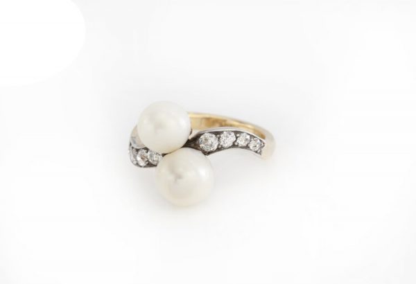 Art Deco Natural Pearl and Old Cut Diamond Ring, in 18ct yellow gold