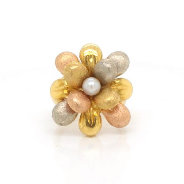 Vintage Italian Tri Colour 18ct Gold Flower Cluster Ring; 18ct yellow, white and rose gold ring of abstract floral design, with brushed textured finish. Signed De Regilus