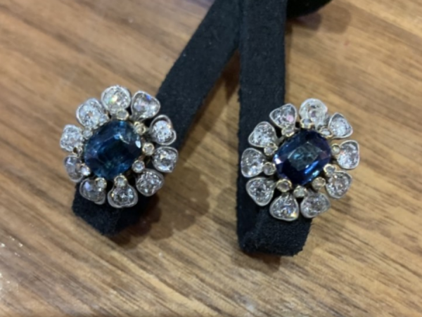 Antique Edwardian Sapphire and Diamond Cluster Earrings