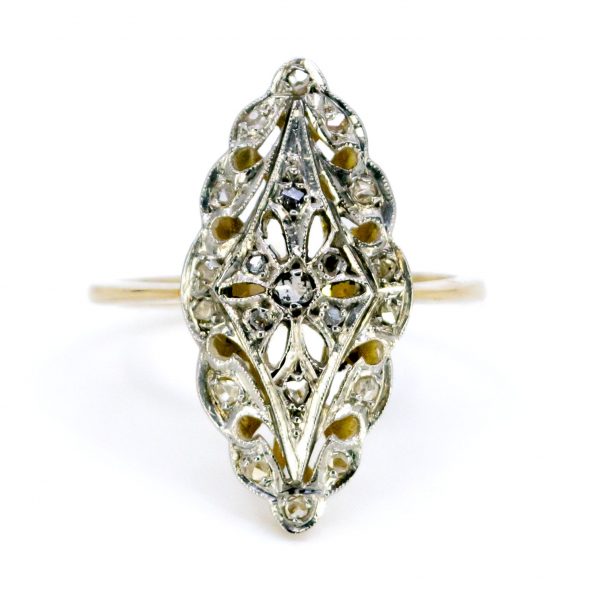 Art Deco Antique Rose Cut Diamond Navette Shaped Ring