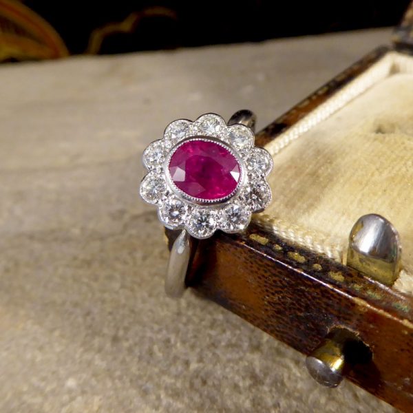 Art Deco Style 0.80ct Ruby Diamond Cluster Ring