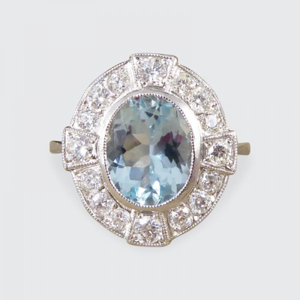 Art Deco Style 1.50ct Aquamarine and Diamond Cross Cluster Ring