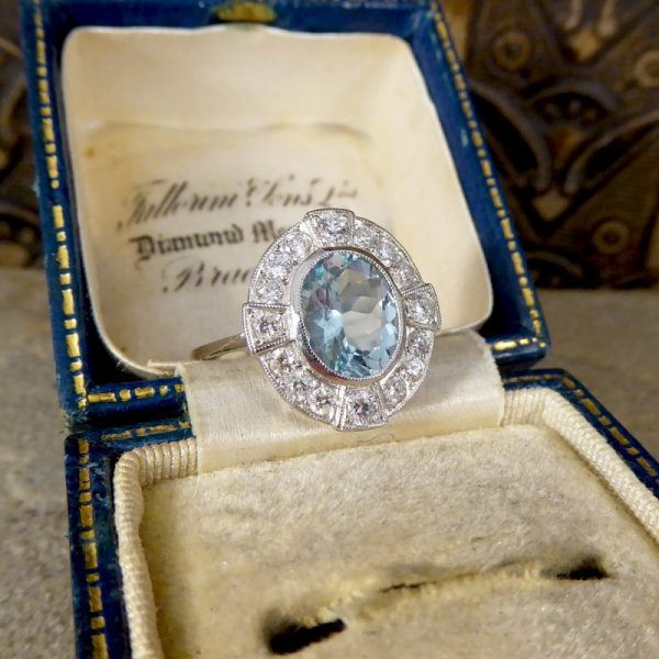 Art Deco Style 1.50ct Aquamarine and Diamond Cross Cluster Ring