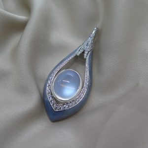 Modern 11.20ct Moonstone and Diamond Enamel Pendant