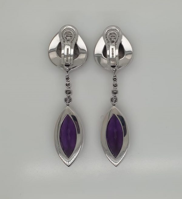 Modern Amethyst and Diamond Enameled Drop Earrings