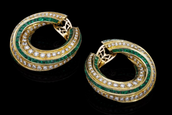 Vintage Emerald and Diamond Twist Hoop Earrings