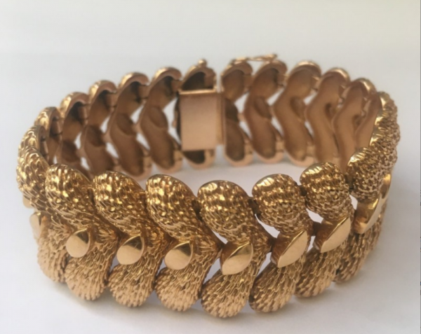 Vintage French Textured 18ct Gold Cuff Bracelet
