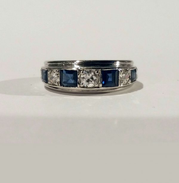 Princess Cut Sapphire and Old Cut Diamond Half Eternity Ring; set with graduated old cut diamonds and square cut sapphires, 18ct white gold, Circa 1950