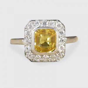 1.00ct Asscher Cut Yellow Sapphire and Diamond Cluster Ring