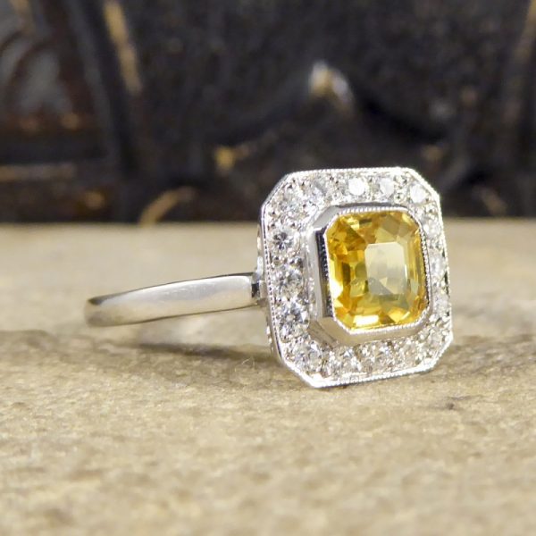 1.00ct Asscher Cut Yellow Sapphire and Diamond Cluster Ring
