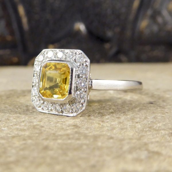 1.00ct Asscher Cut Yellow Sapphire and Diamond Cluster Ring
