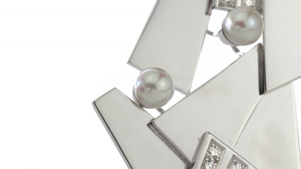 Vintage Natural Pearl, Diamond, 18ct Gold Geometric Brooch Pendant