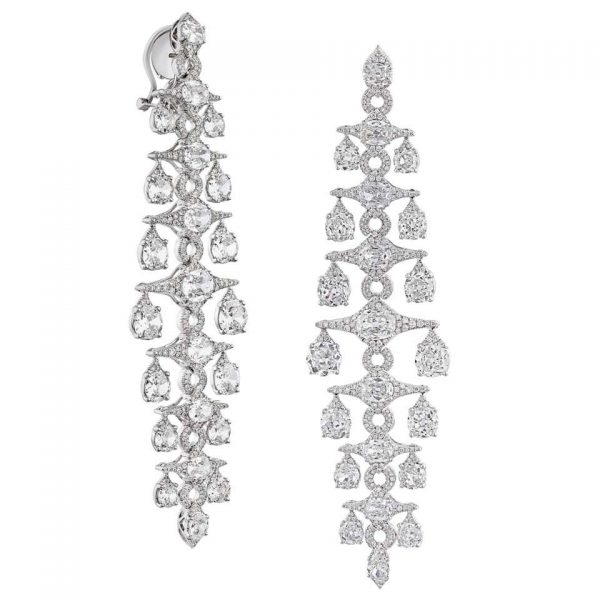 Old Mine Cut Diamond Chandelier Drop Earrings; set with graduating old mine-cut and round brilliant-cut diamonds, 21.60 carat total, mounted in lightly hammered 18ct white gold