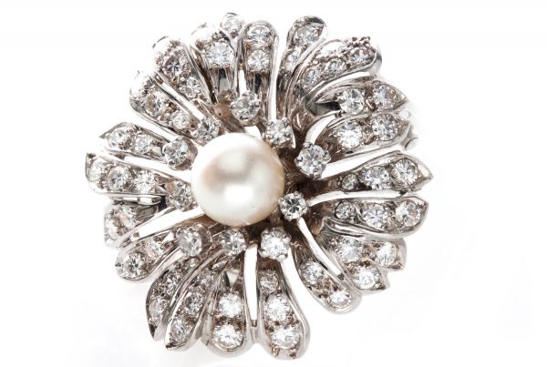 Vintage French Natural Freshwater Pearl and Diamond Flower Brooch, in 18ct white gold, Circa 1970s