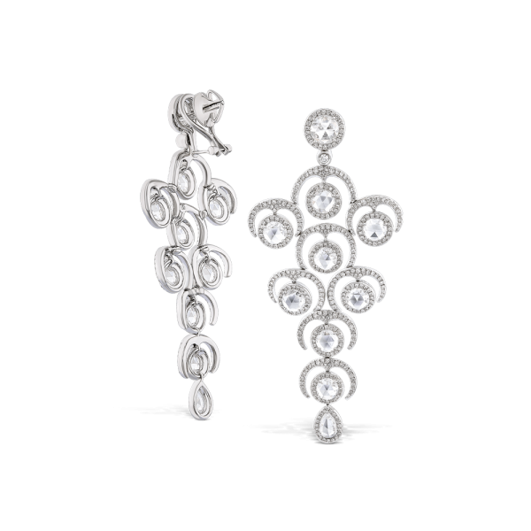 Rose Cut Diamond Grape Chandelier Drop Earrings; set with rose-cut and round brilliant-cut diamonds, 9.20 carat total. Diamonds are E/F colour VS/VVS clarity