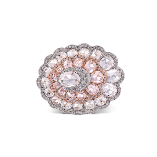 Rose Cut Diamond Flower Cluster Ring; featuring rose cut diamonds set in three floral layers and mounted in two-tone 18ct gold.