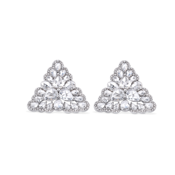 Rose Cut Diamond Triangular Petal Stud Earrings; set with 3.81 carats pear-shaped rose-cut diamonds accented by 150 micro-pave set round brilliant-cut diamonds, in 18ct white gold