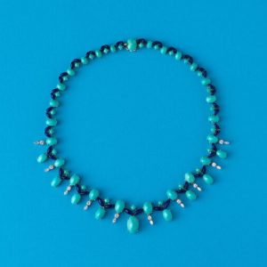 Vintage Turquoise, Diamond and Enamel Fringe Necklace; set with oval and round cabochon cut turquoises, accented with by dark blue translucent enamel leaves and 1.55cts brilliant cut diamonds, in 18ct gold, Circa 1960