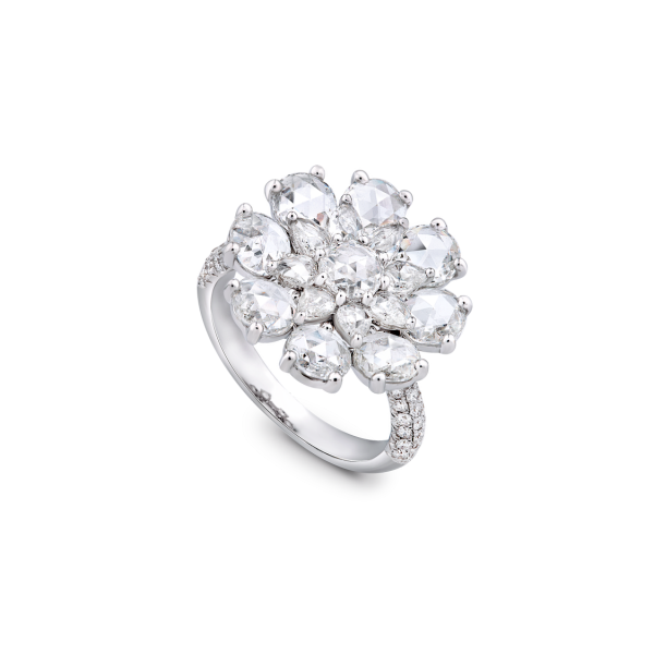 Rose Cut Diamond Blossom Flower Cluster Ring; featuring 2.82 carats of round and pear-shaped rose-cut diamonds, accented with 48 micro pave set diamonds