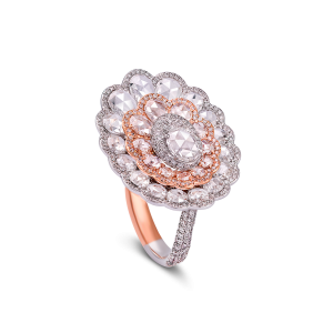 Rose Cut Diamond Flower Cluster Ring; featuring rose cut diamonds set in three floral layers and mounted in two-tone 18ct gold.