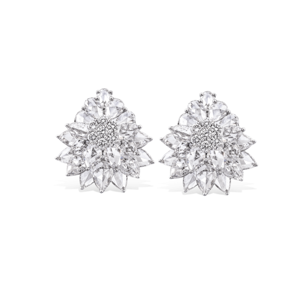 Rose Cut Diamond Floral Cluster Stud Earrings; set with pear shaped rose-cut diamonds and round brilliant cut diamonds, 8.21 carat total, F/G colour VS clarity