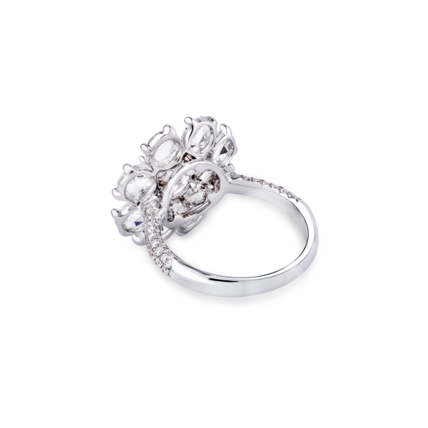 Rose Cut Diamond Blossom Flower Cluster Ring; featuring 2.82 carats of round and pear-shaped rose-cut diamonds, accented with 48 micro pave set diamonds