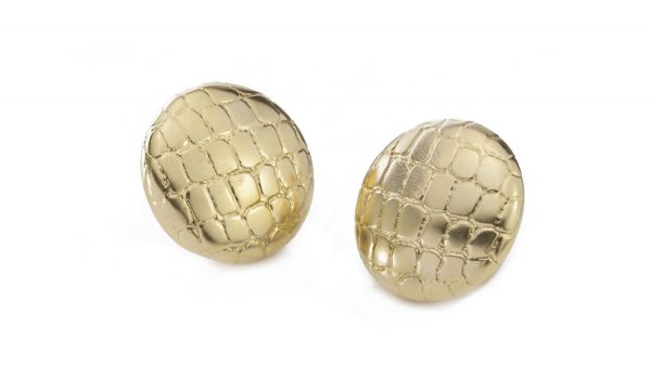 Tiffany and Co 18ct Yellow Gold Earrings; disc design bearing a geometric snakeskin pattern in relief. Made in USA, Circa 2000s. Comes in original box