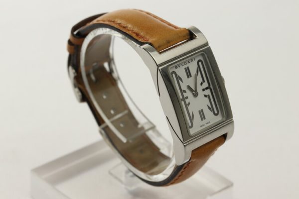 Bvlgari Rettangolo Ladies Stainless Steel Quartz Watch, on Bulgari tan brown leather strap