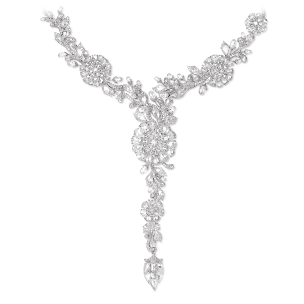 Exceptional Opulent Diamond Floral Cluster Necklace, set with 48.44 carats oval and pear-shaped rose cut diamonds, drop-shaped briolette-cut diamonds, and round brilliant-cut diamonds. A handmade masterpiece